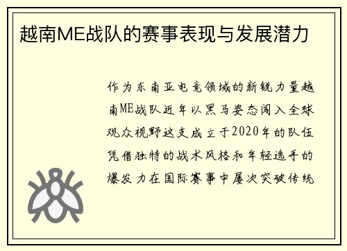 越南ME战队的赛事表现与发展潜力