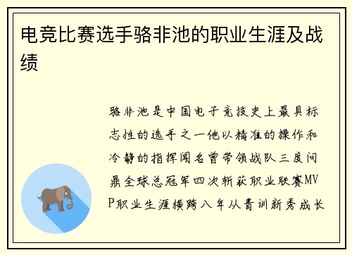 电竞比赛选手骆非池的职业生涯及战绩